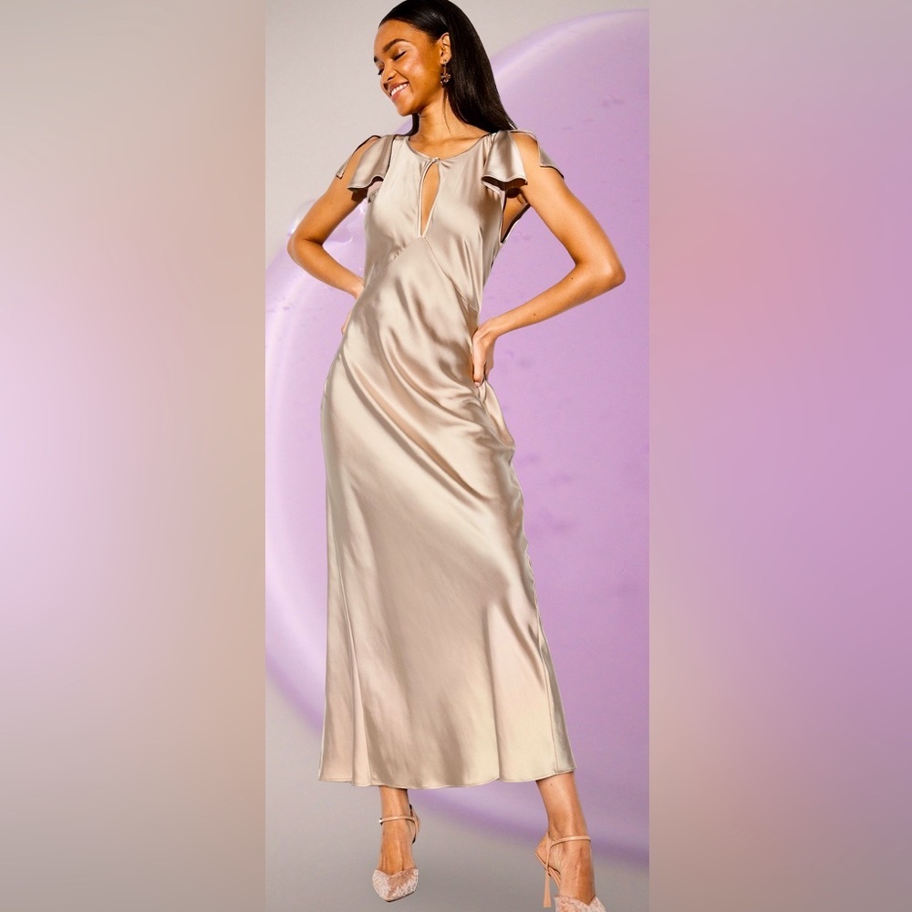 NWTS🌹THE OCCASION L🌹ELITE LINE CHAMPAGNE SATIN FLUTTER SLEEVE FITTED MIDI MAXI - Picture 5 of 16